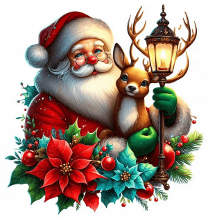 Santa Rudolf El Reno Y Poinsettias (Mata De Navidad)