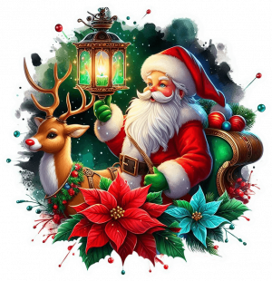 Santa Rudolf El Reno Y Poinsettias (Mata De Navidad)