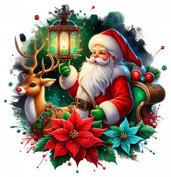 9943-Santa Rudolf y Poinsettias 04 Santa Rudolf El Reno Y Poinsettias (Mata De Navidad)