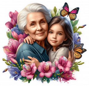 Abuela y Nieta con Freesias y Mariposas