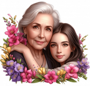 Abuela y Nieta con Freesias y Mariposas