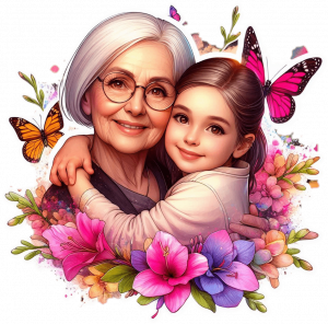 Abuela y Nieta con Freesias y Mariposas
